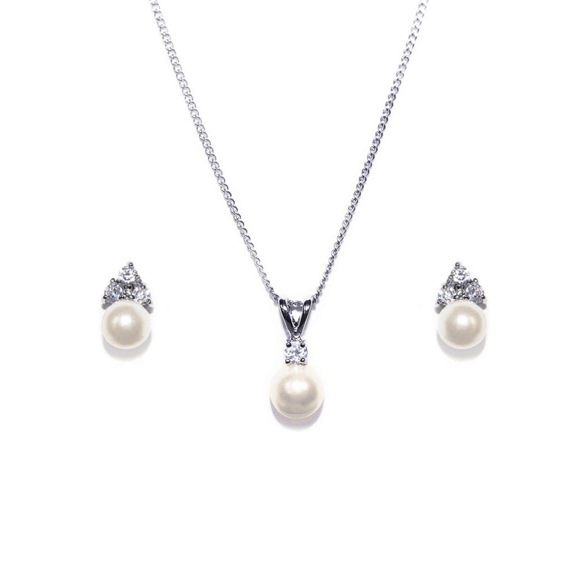 Classic Rhodium Crystal and Pearl Pendant Set
