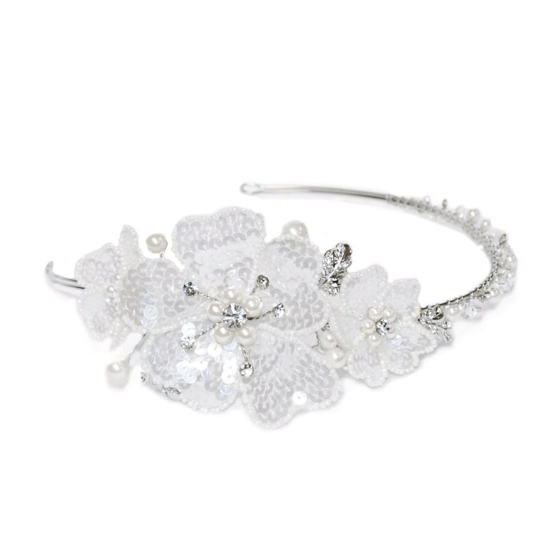 Petra Rhodium Crystal Sequined and Pearl Floral headpiece
